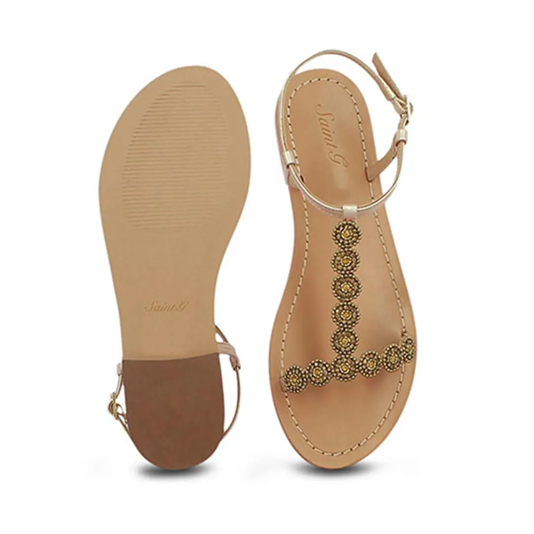 Adele Metallic Platin Leather With gold Embroidery Sandals