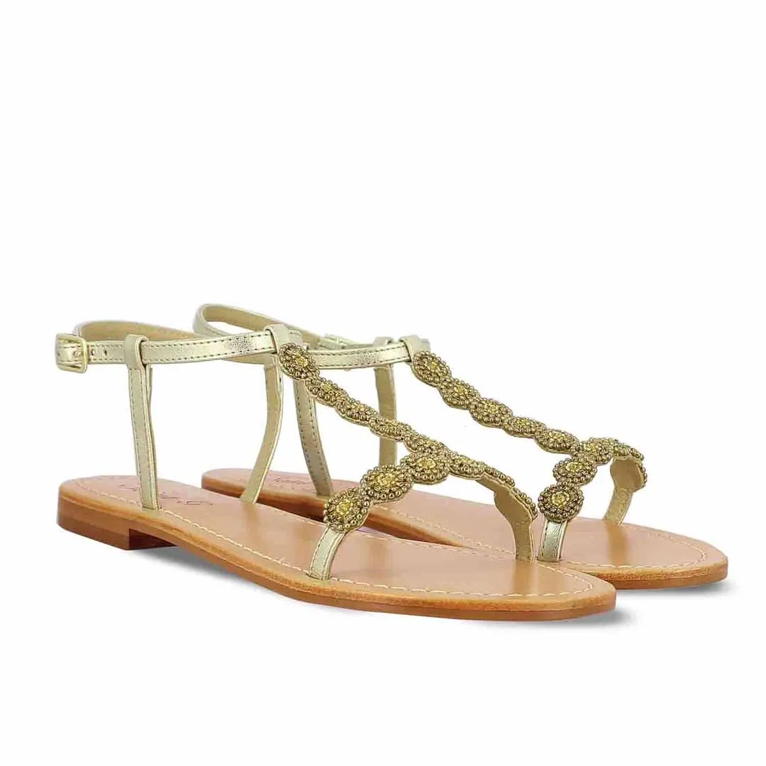 Adele Metallic Platin Leather With gold Embroidery Sandals