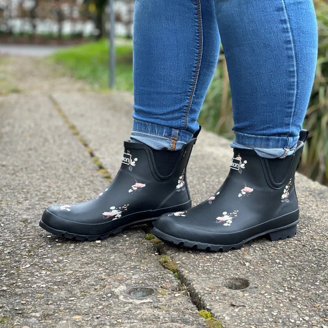 Ankle Height Rain Boots - Black Floral - Wide Foot - Easy to Slip On