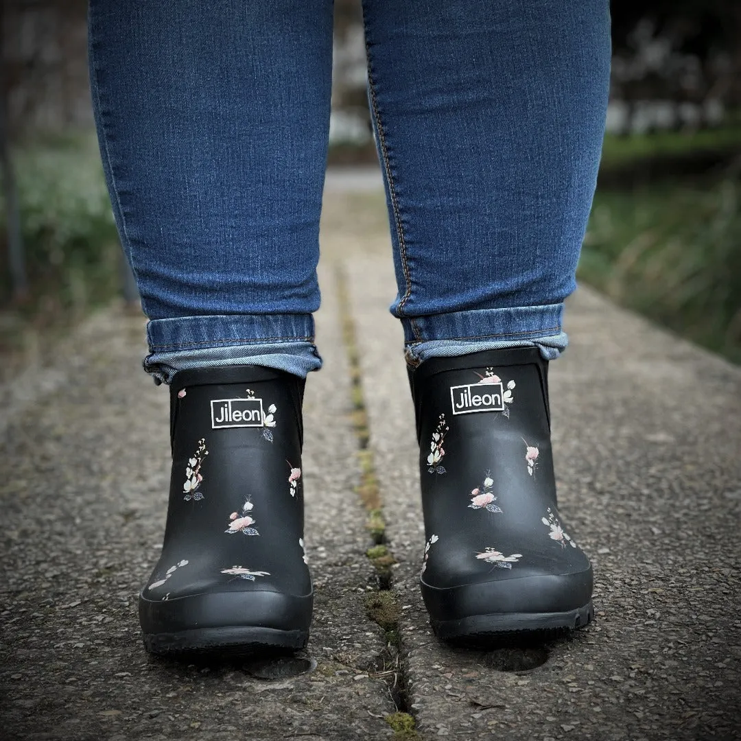 Ankle Height Rain Boots - Black Floral - Wide Foot - Easy to Slip On