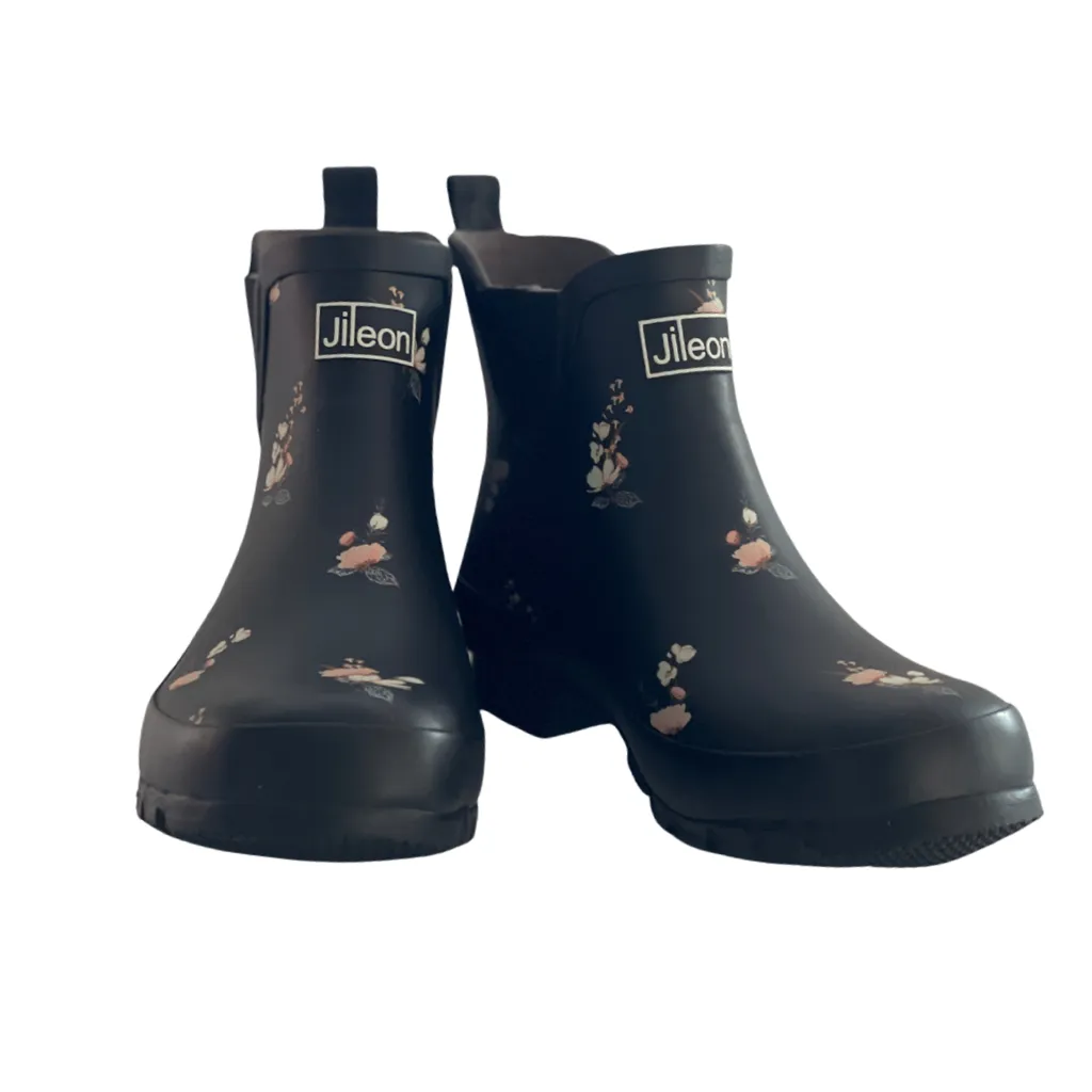 Ankle Height Rain Boots - Black Floral - Wide Foot - Easy to Slip On