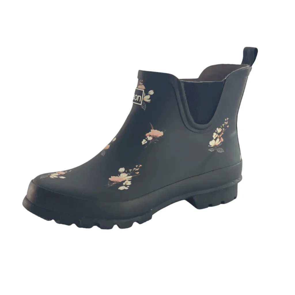 Ankle Height Rain Boots - Black Floral - Wide Foot - Easy to Slip On