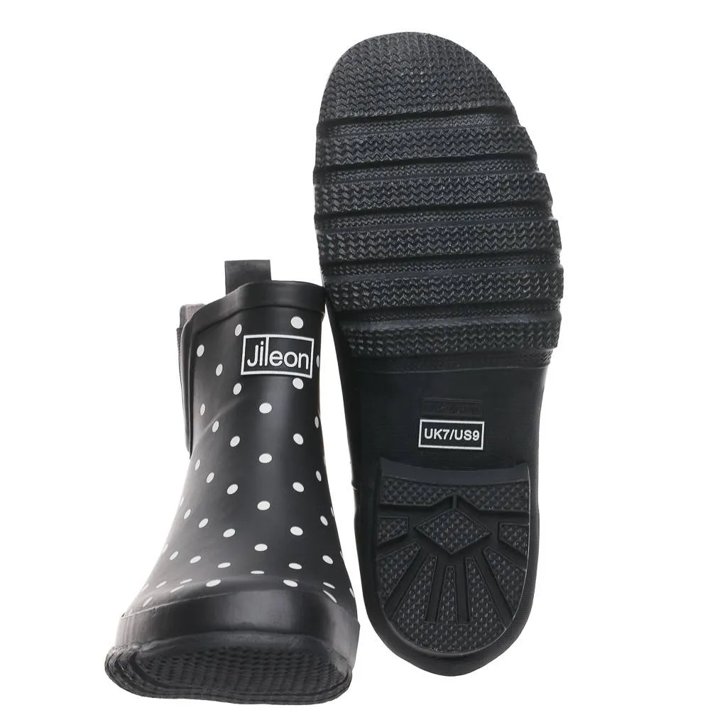 Ankle Height Rain Boots - Black with White Spots - Wide Foot - Easy to Slip On