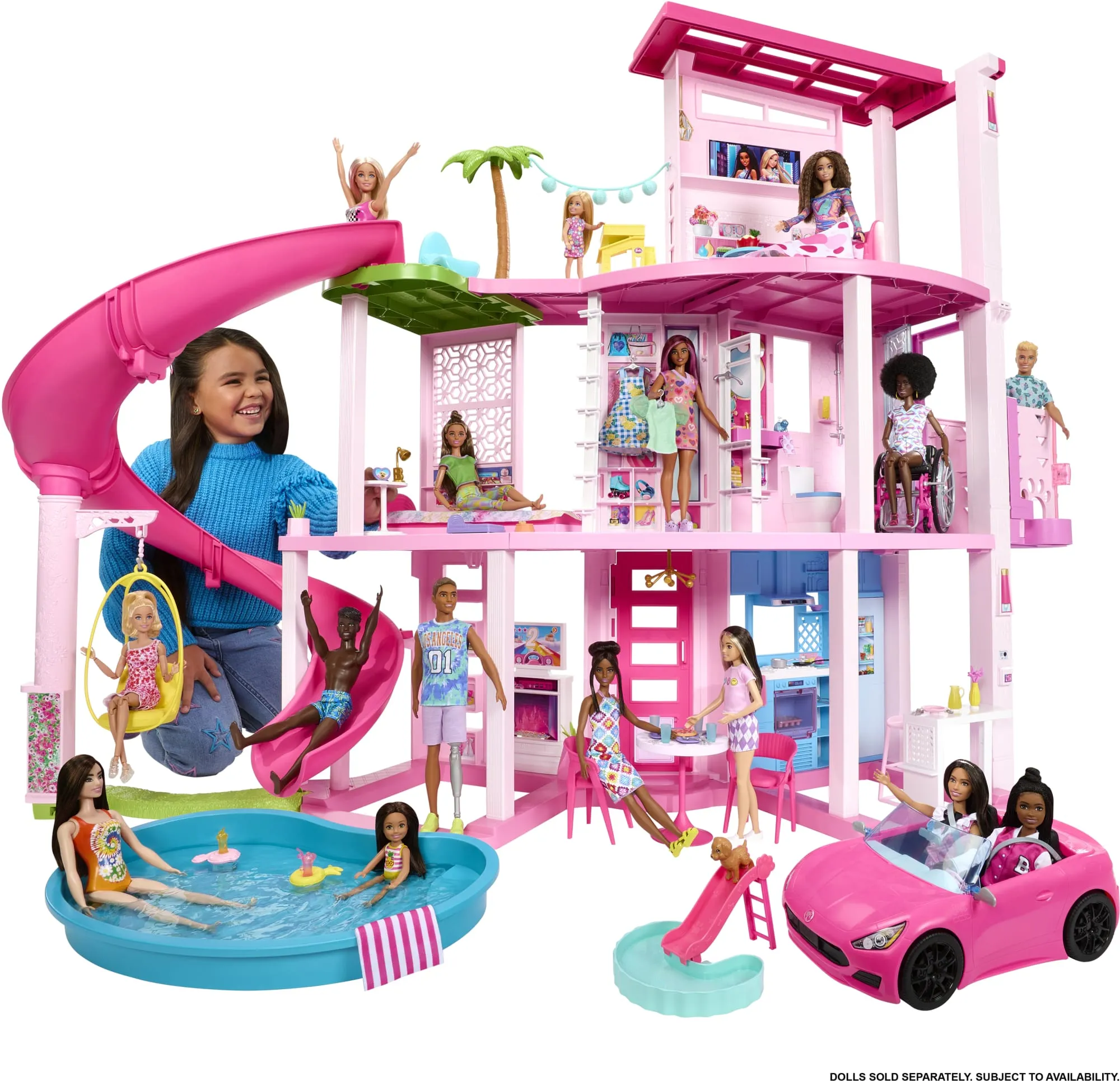 Barbie Dreamhouse, 75  Pieces, Pool Party Doll House With 3 Story Slide