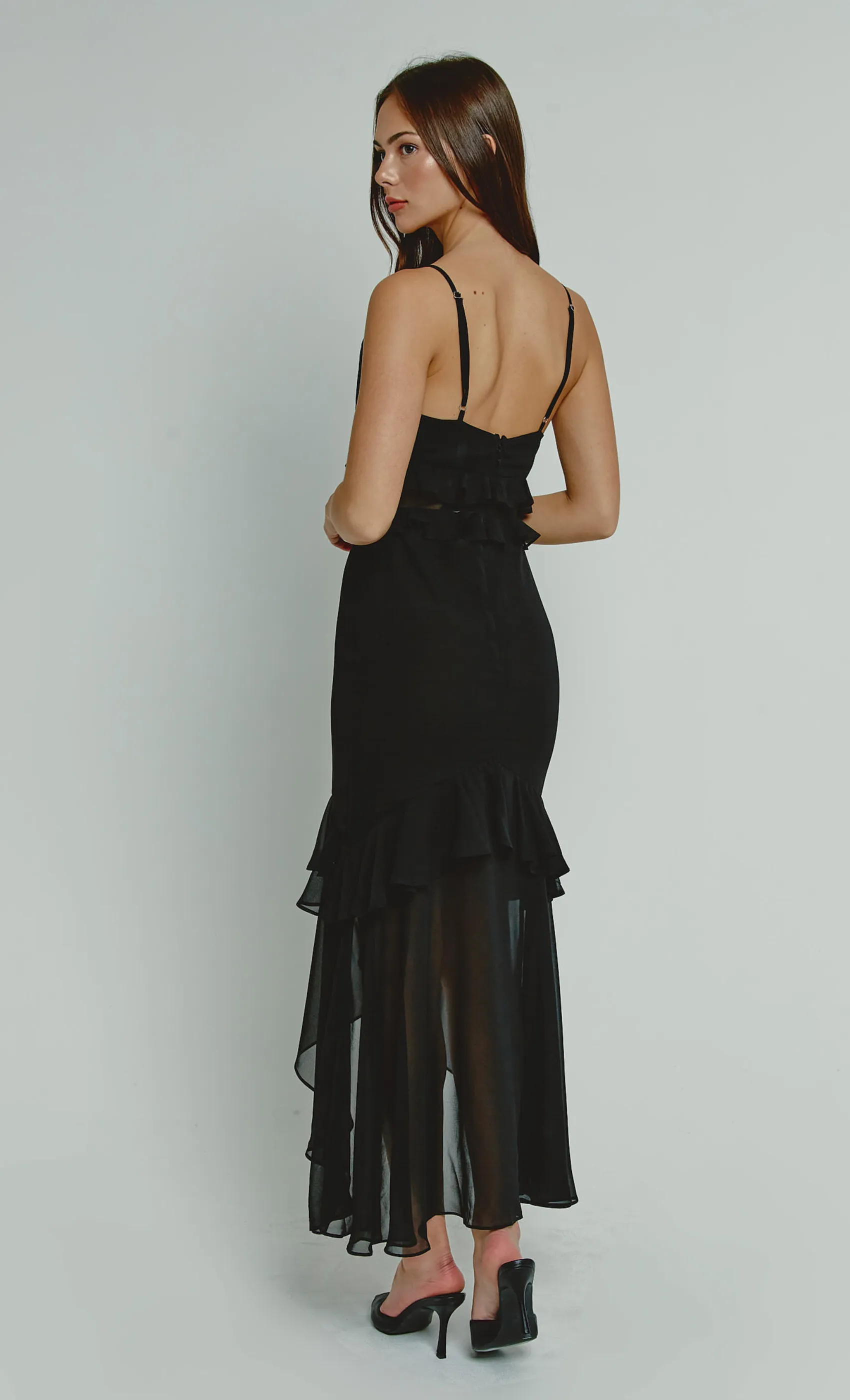 Black Chiffon Tiered Ruffle Midi Dress