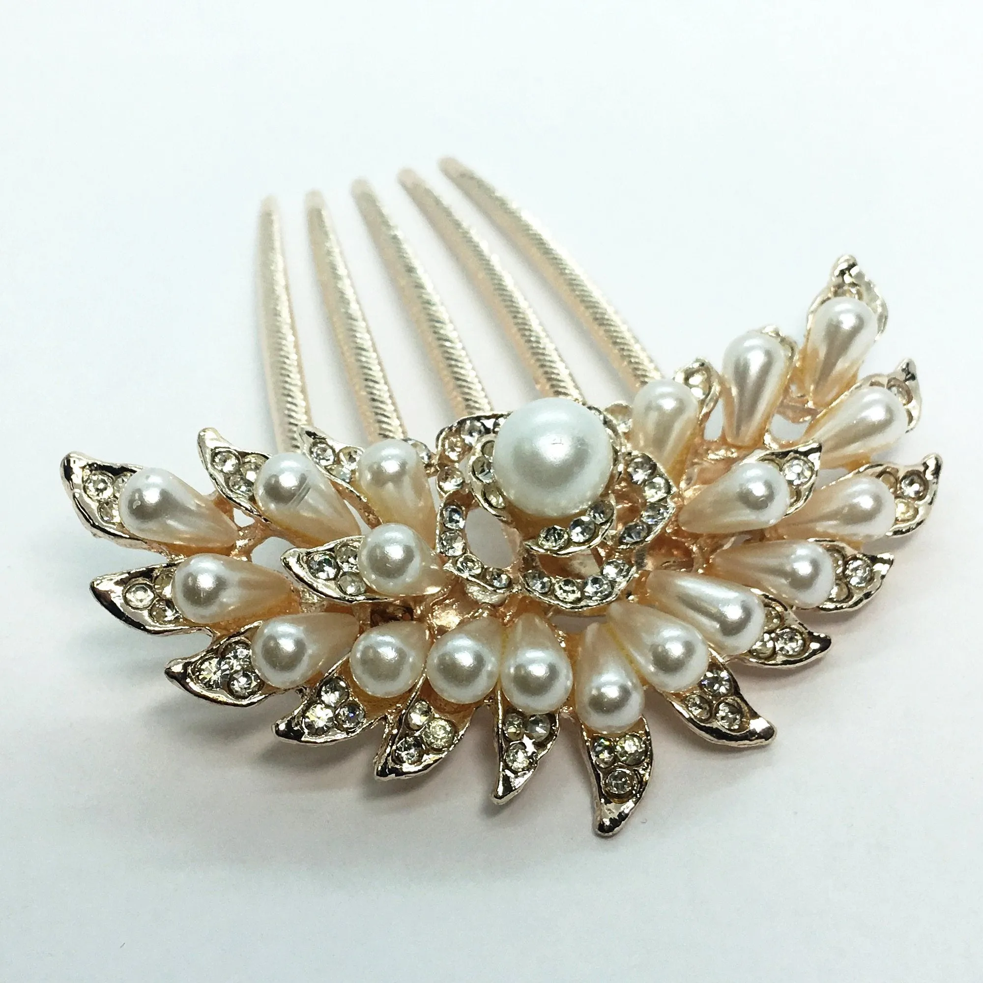 Blossoming Pearl Flower and Crystal Gold Plated Hair Comb