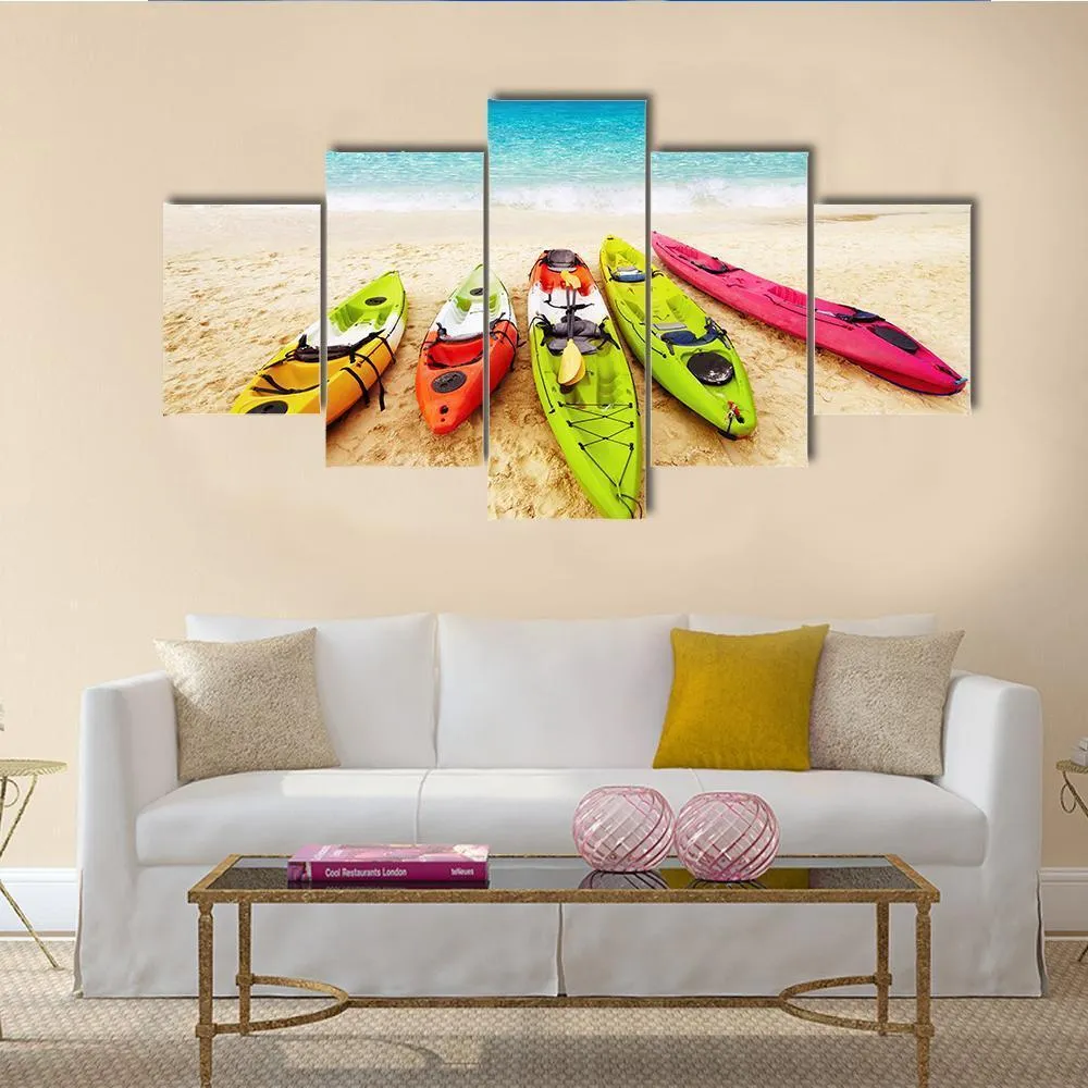 Colorful Kayaks On Beach Canvas Wall Art