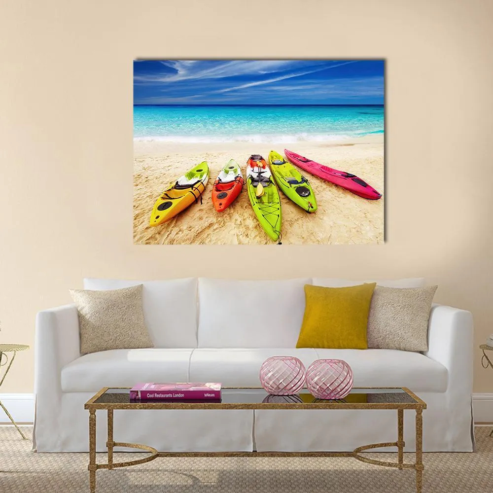 Colorful Kayaks On Beach Canvas Wall Art