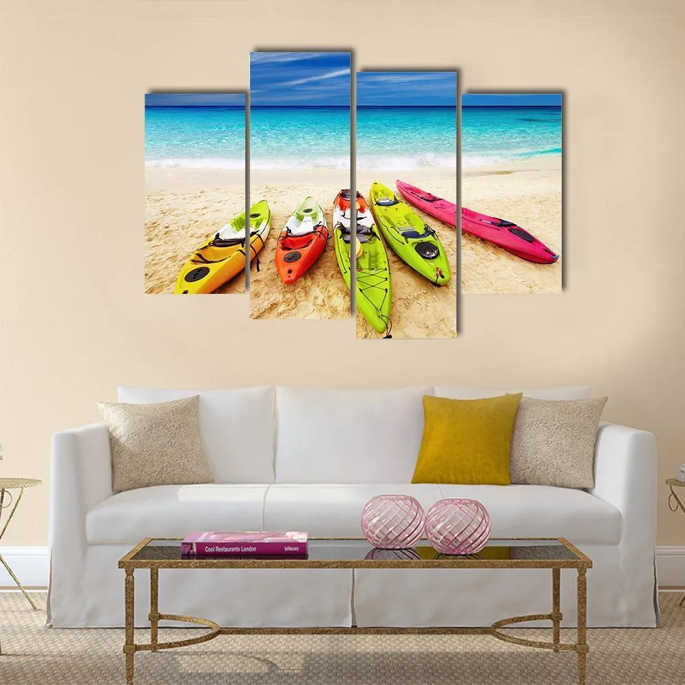 Colorful Kayaks On Beach Canvas Wall Art