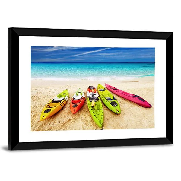 Colorful Kayaks On Beach Canvas Wall Art