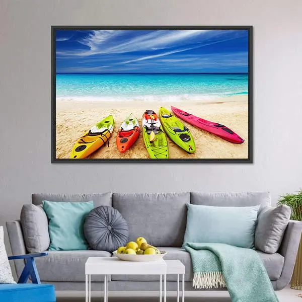 Colorful Kayaks On Beach Canvas Wall Art