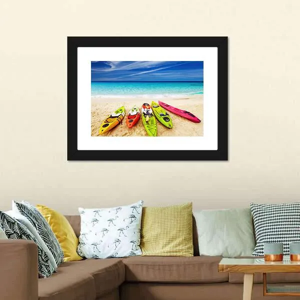 Colorful Kayaks On Beach Canvas Wall Art