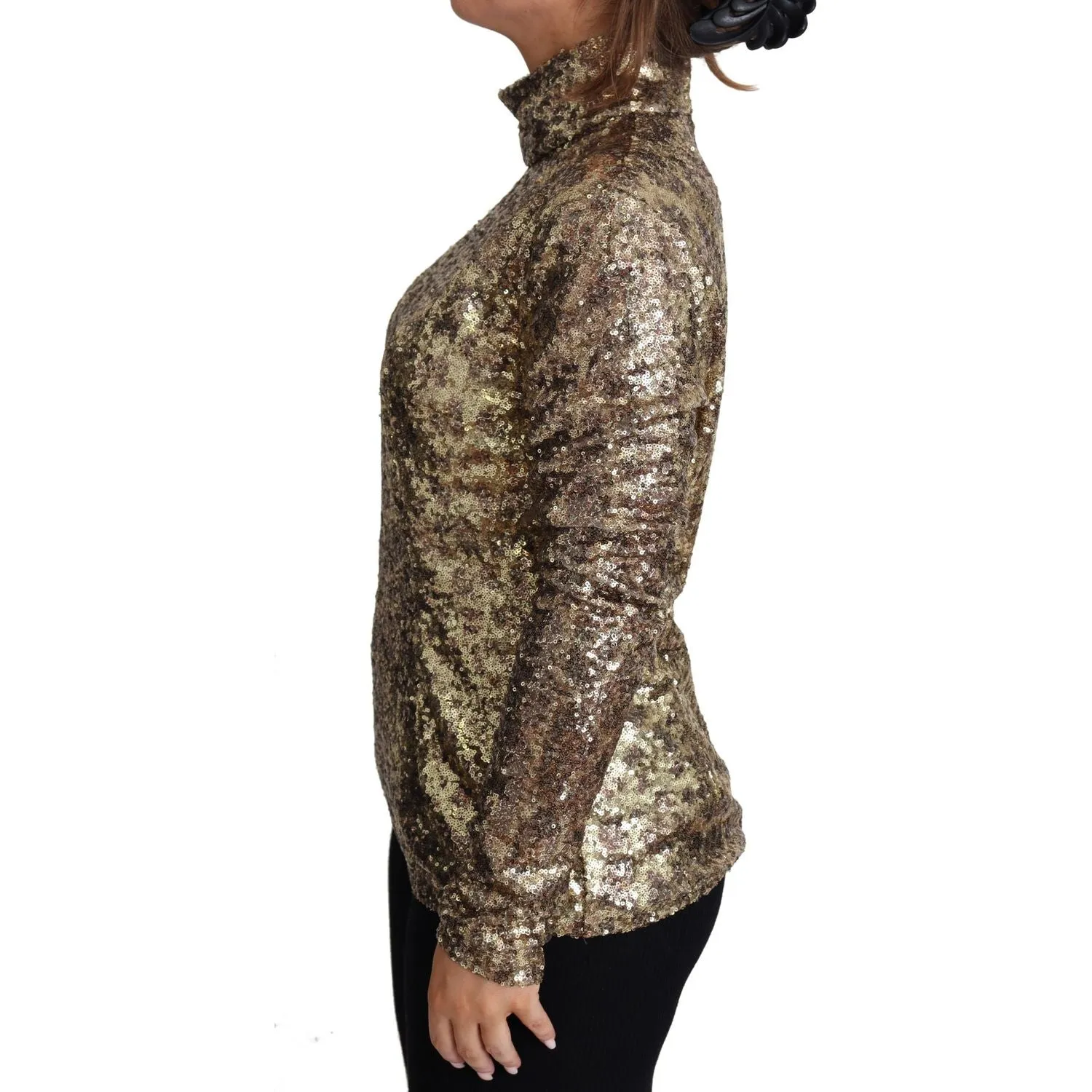 Dolce & Gabbana Sequined Turtleneck Full Zip Sweater in Brown