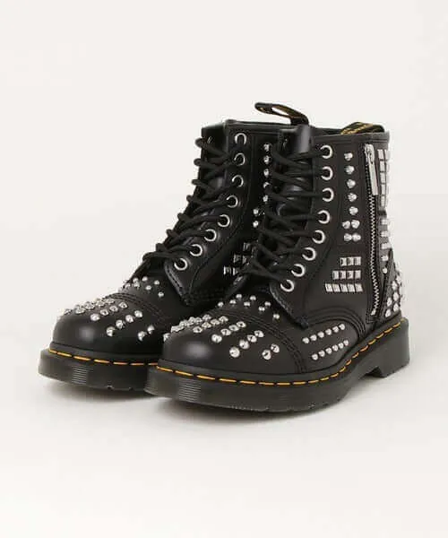 Dr. Martens 1460 Studded Zip Atlas Leather Lace Up Boots Shoes - Black