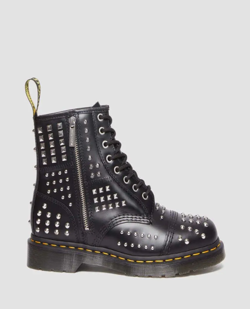 Dr. Martens 1460 Studded Zip Atlas Leather Lace Up Boots Shoes - Black