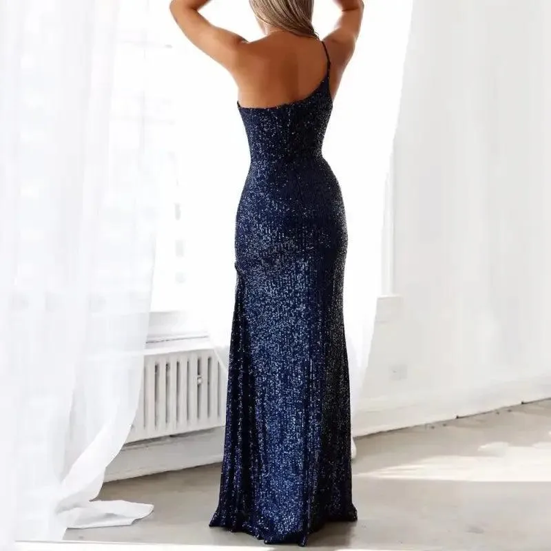 Elegant Navy Blue One-shoulder Sequin Evening Gown