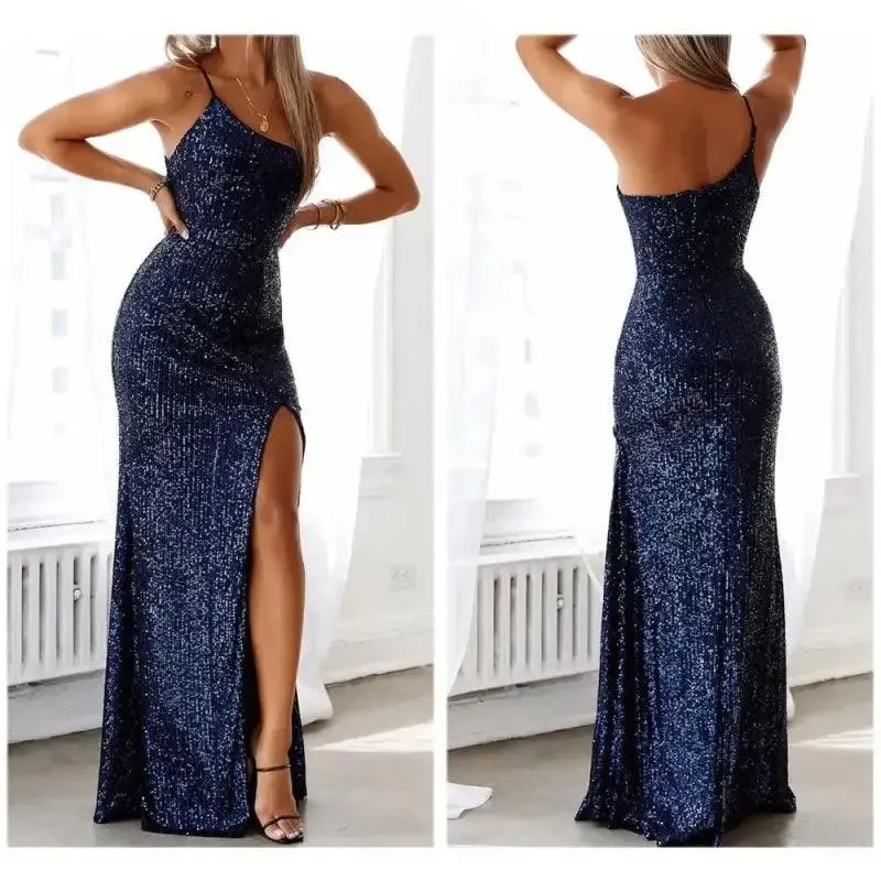 Elegant Navy Blue One-shoulder Sequin Evening Gown