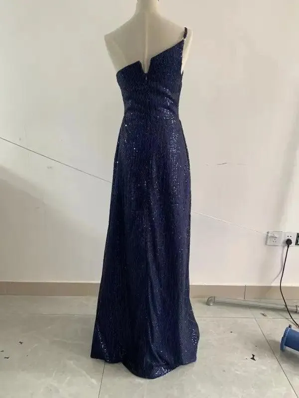 Elegant Navy Blue One-shoulder Sequin Evening Gown