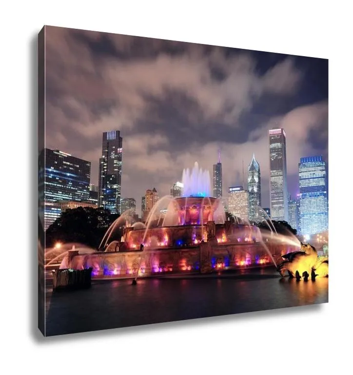 Gallery Wrapped Canvas, Chicago Skyline Skyscrapers Buckingham Fountain Grant Park Night