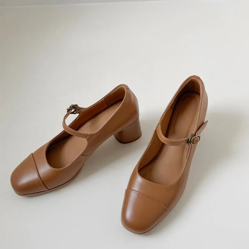 Genuine Leather Mary Jane Pumps Cap Toe Dress Shoes in Brown/Black/Apricot