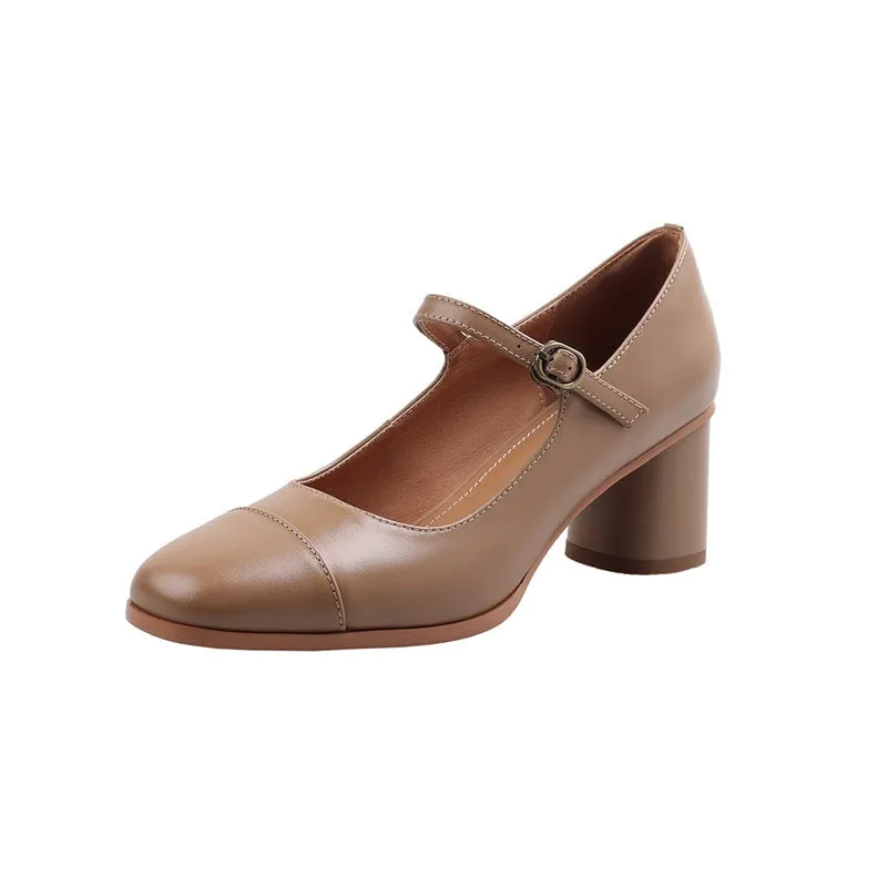 Genuine Leather Mary Jane Pumps Cap Toe Dress Shoes in Brown/Black/Apricot