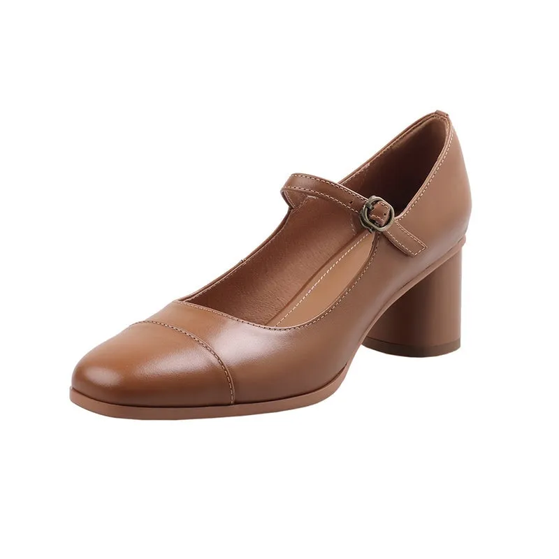 Genuine Leather Mary Jane Pumps Cap Toe Dress Shoes in Brown/Black/Apricot