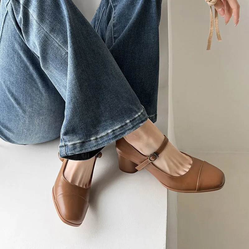 Genuine Leather Mary Jane Pumps Cap Toe Dress Shoes in Brown/Black/Apricot