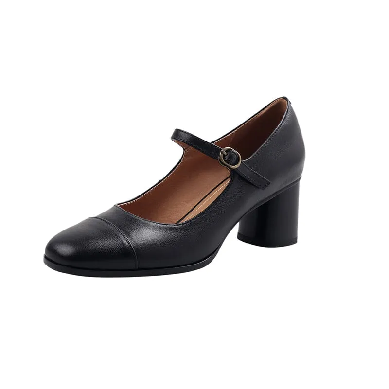 Genuine Leather Mary Jane Pumps Cap Toe Dress Shoes in Brown/Black/Apricot