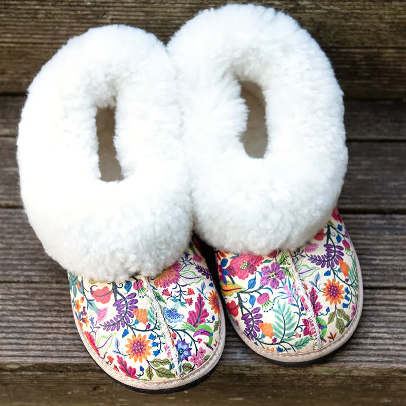 Genuine Leather Sheepskin Slippers - Floral