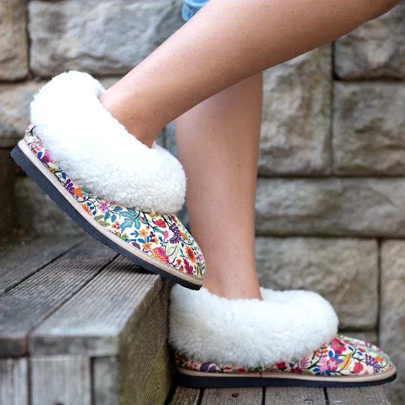 Genuine Leather Sheepskin Slippers - Floral