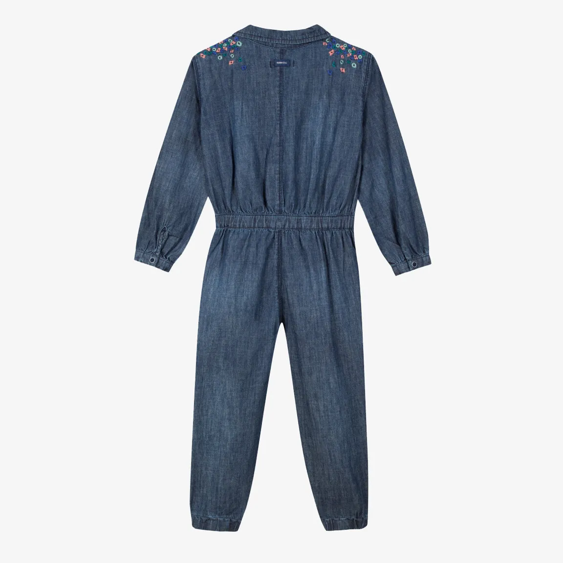 Girls' light denim embroidered jumpsuit