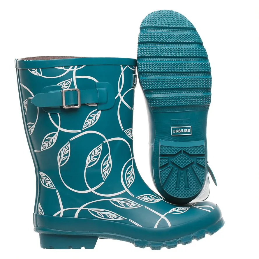 Half Height Rain Boots - Teal with Leaves - Wide Foot and Ankle