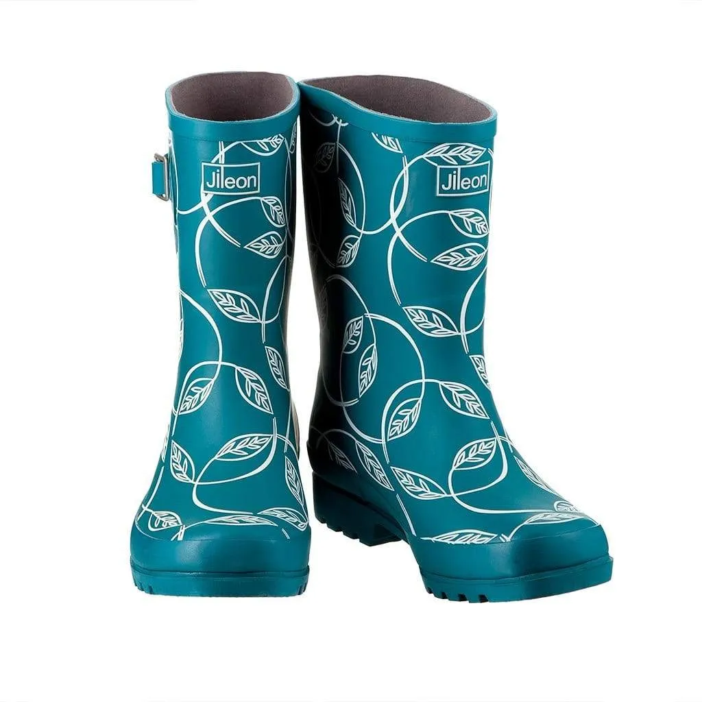 Half Height Rain Boots - Teal with Leaves - Wide Foot and Ankle