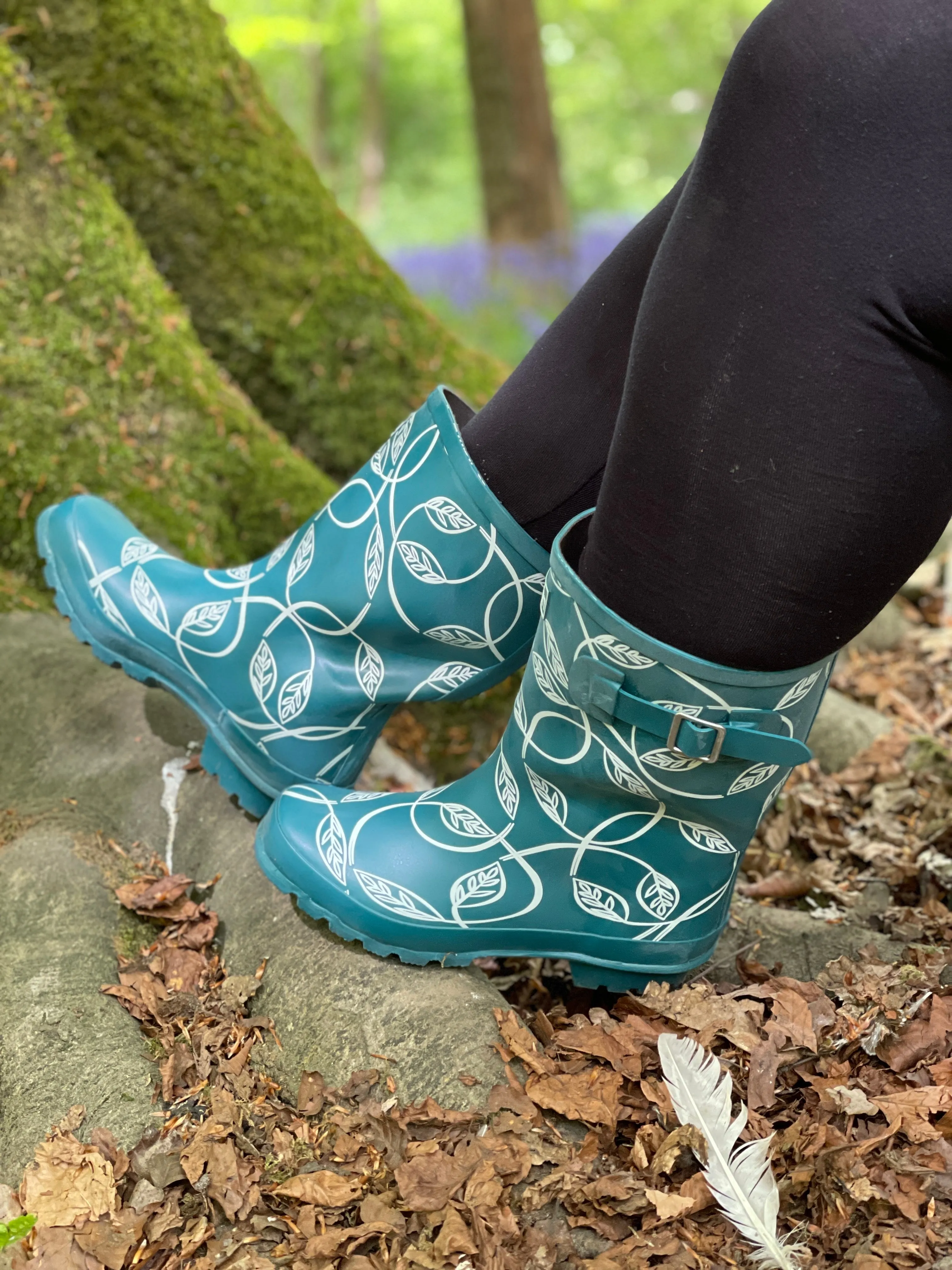 Half Height Rain Boots - Teal with Leaves - Wide Foot and Ankle