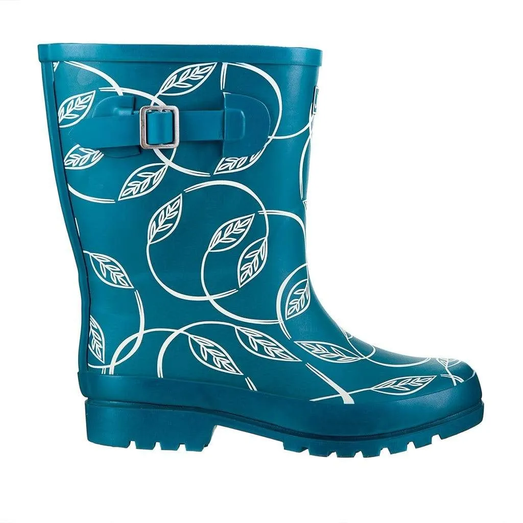 Half Height Rain Boots - Teal with Leaves - Wide Foot and Ankle