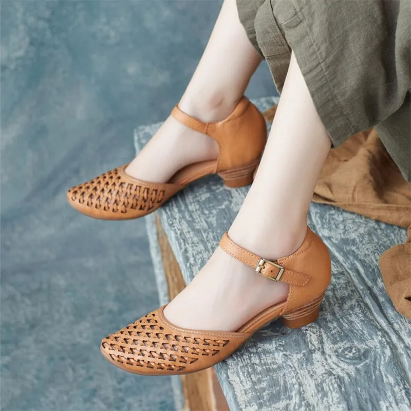 Handmade Flat Sandals Women Genuine Leather Woven Ankle Strap Ladies Summer Shoes