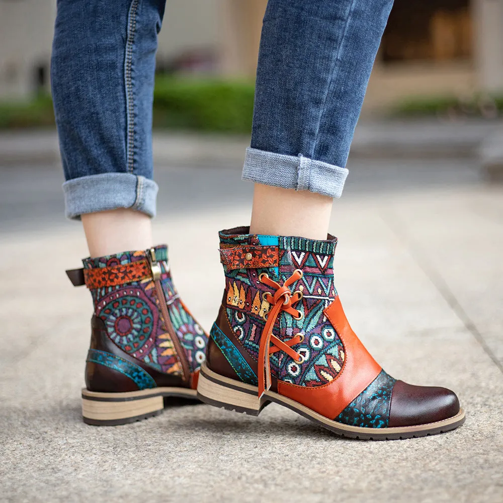 Handmade Leather Ankle Boots For Women Flower Embossed Rubber Bottom Slip-Proof Booties Brown