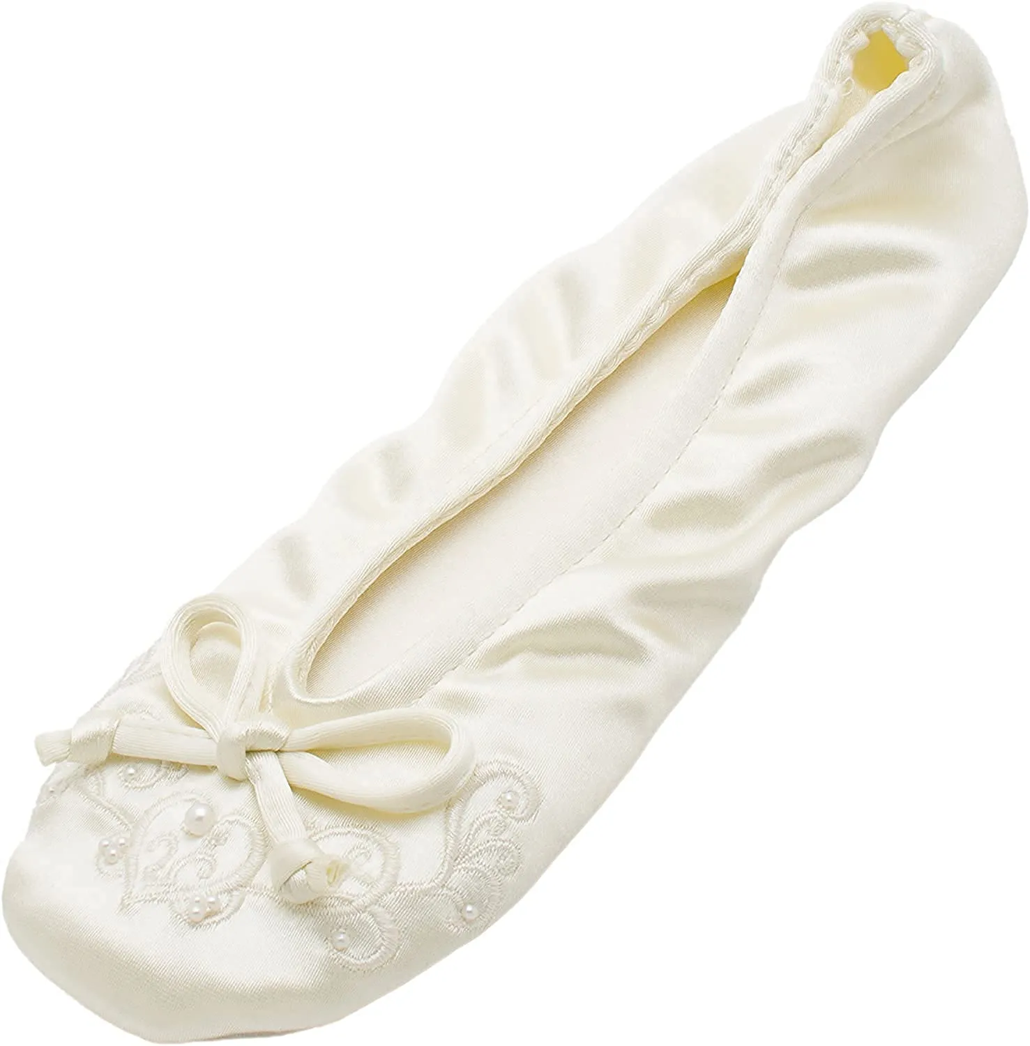 Isotoner Womens Embroidered Pearl Satin Ballerina Slippers