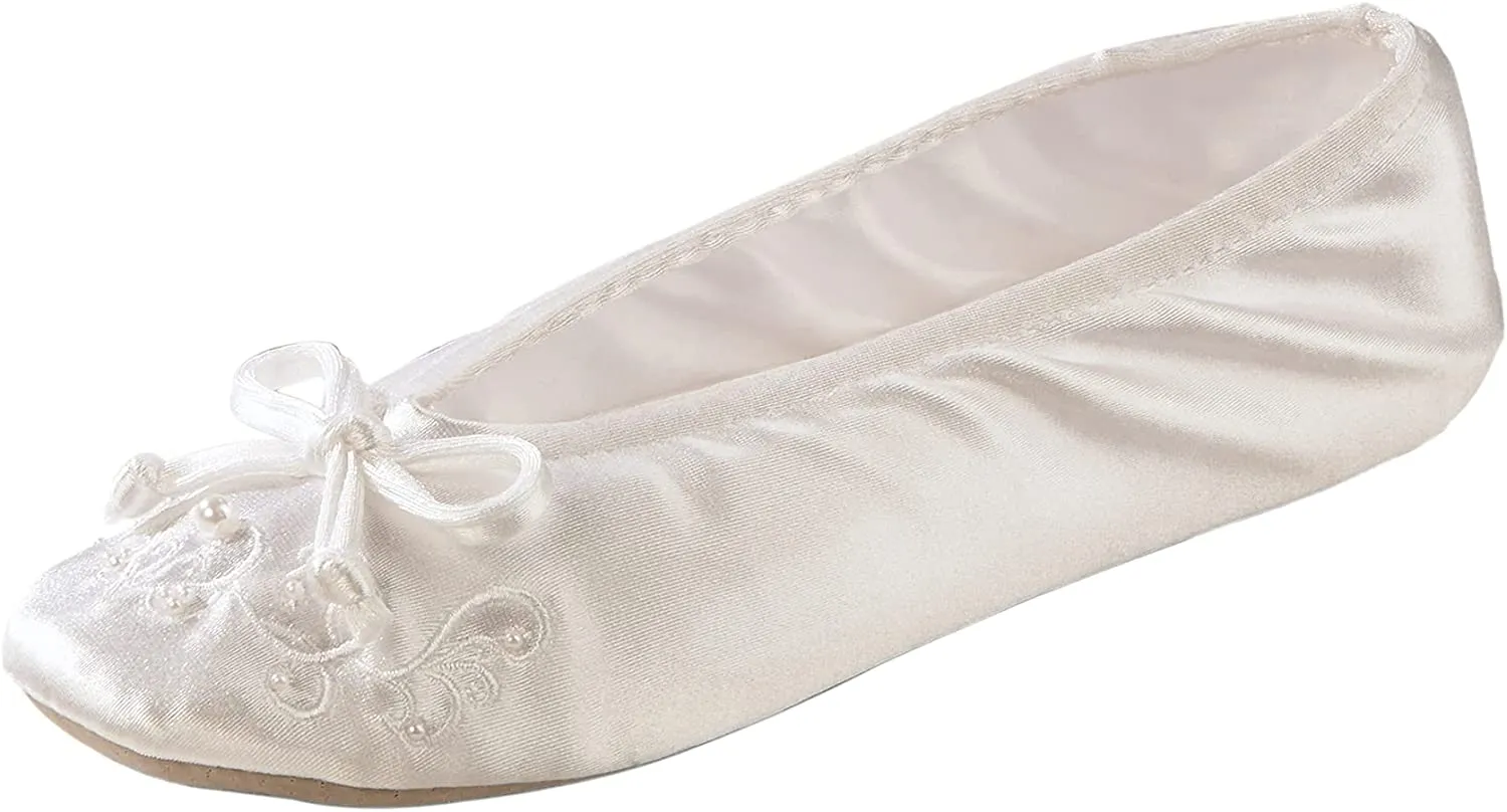 Isotoner Womens Embroidered Pearl Satin Ballerina Slippers