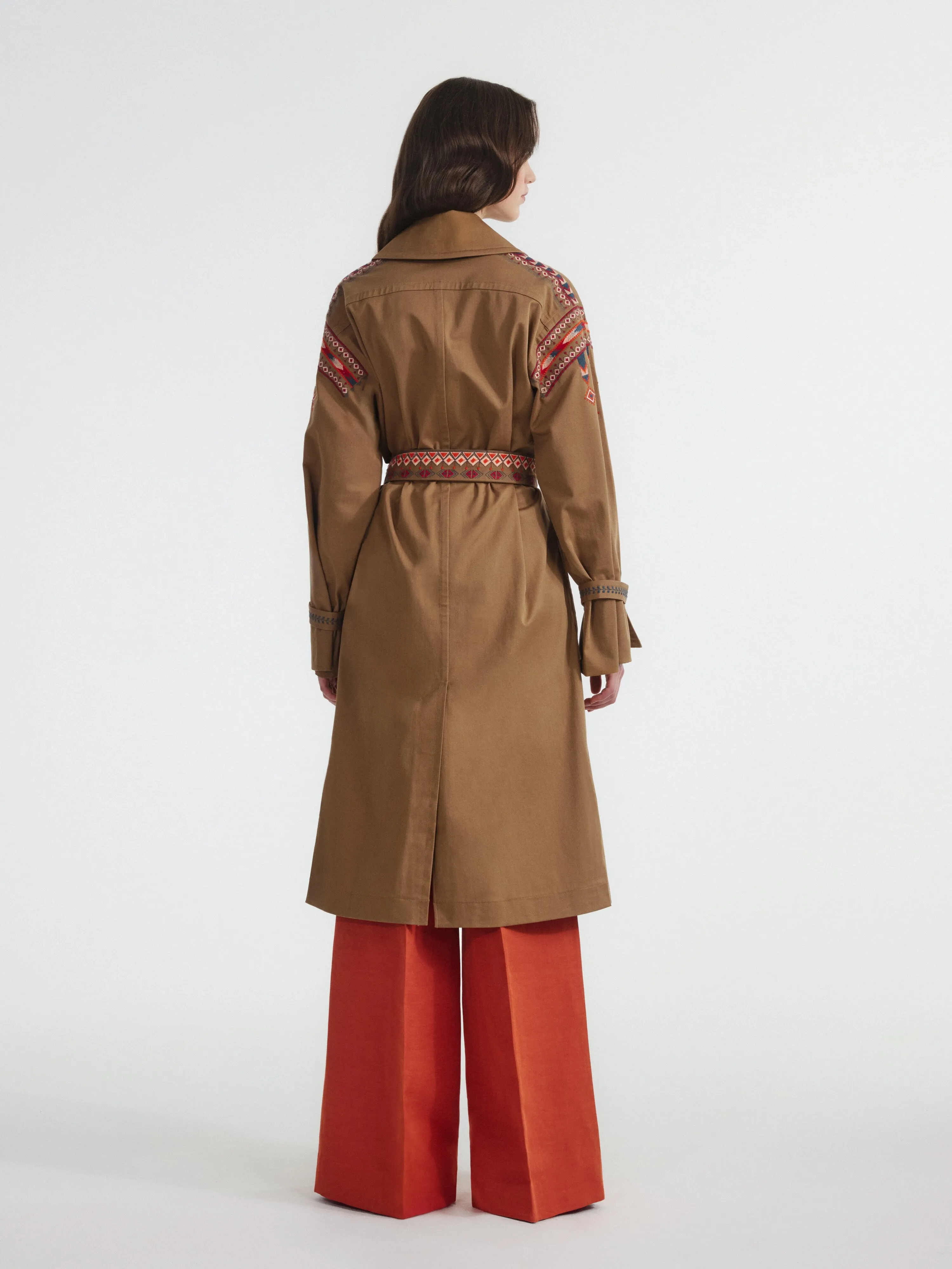 Khaki Trench With Ikat Embroidery