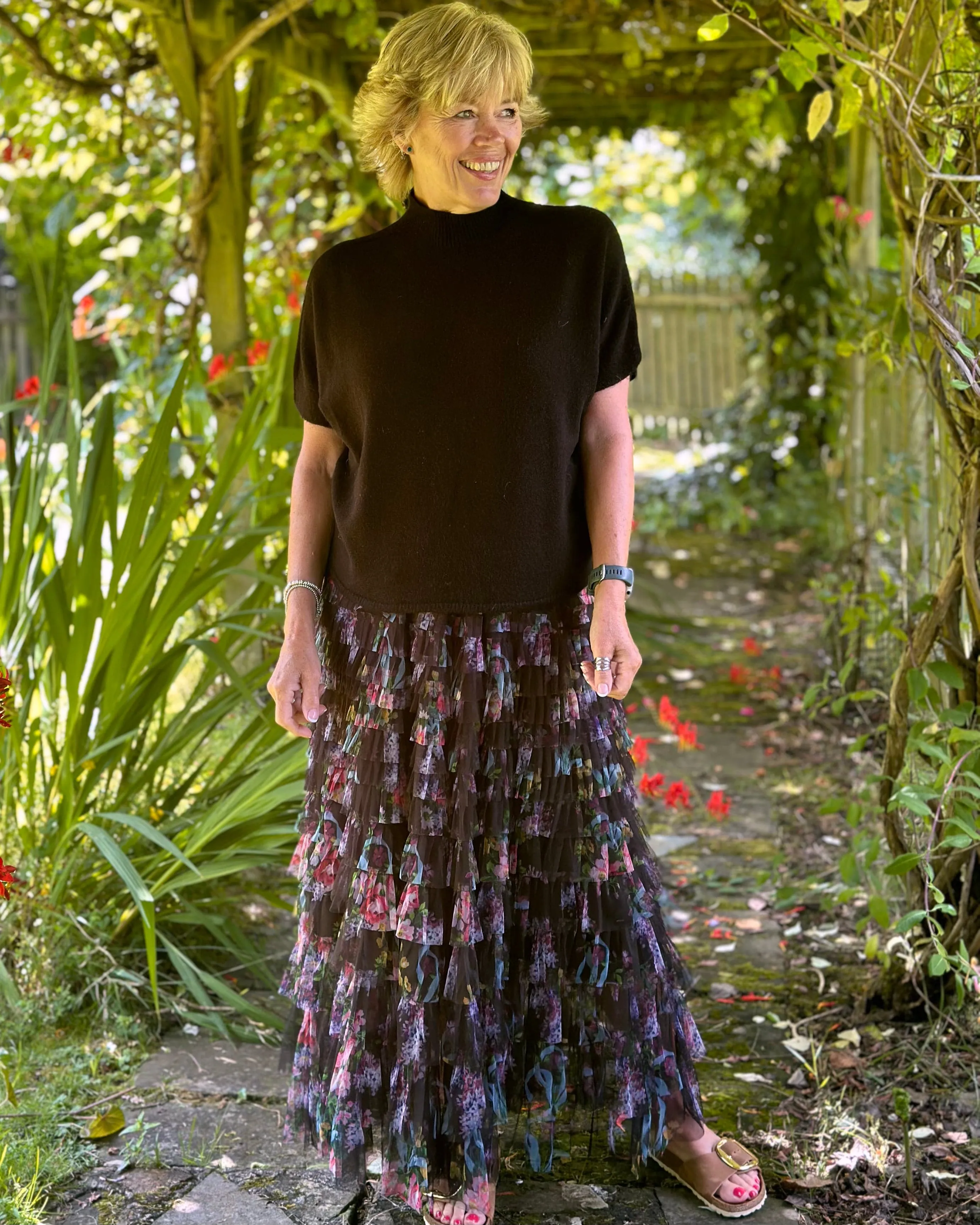 Long Tiered Tulle Skirt - Black/Floral