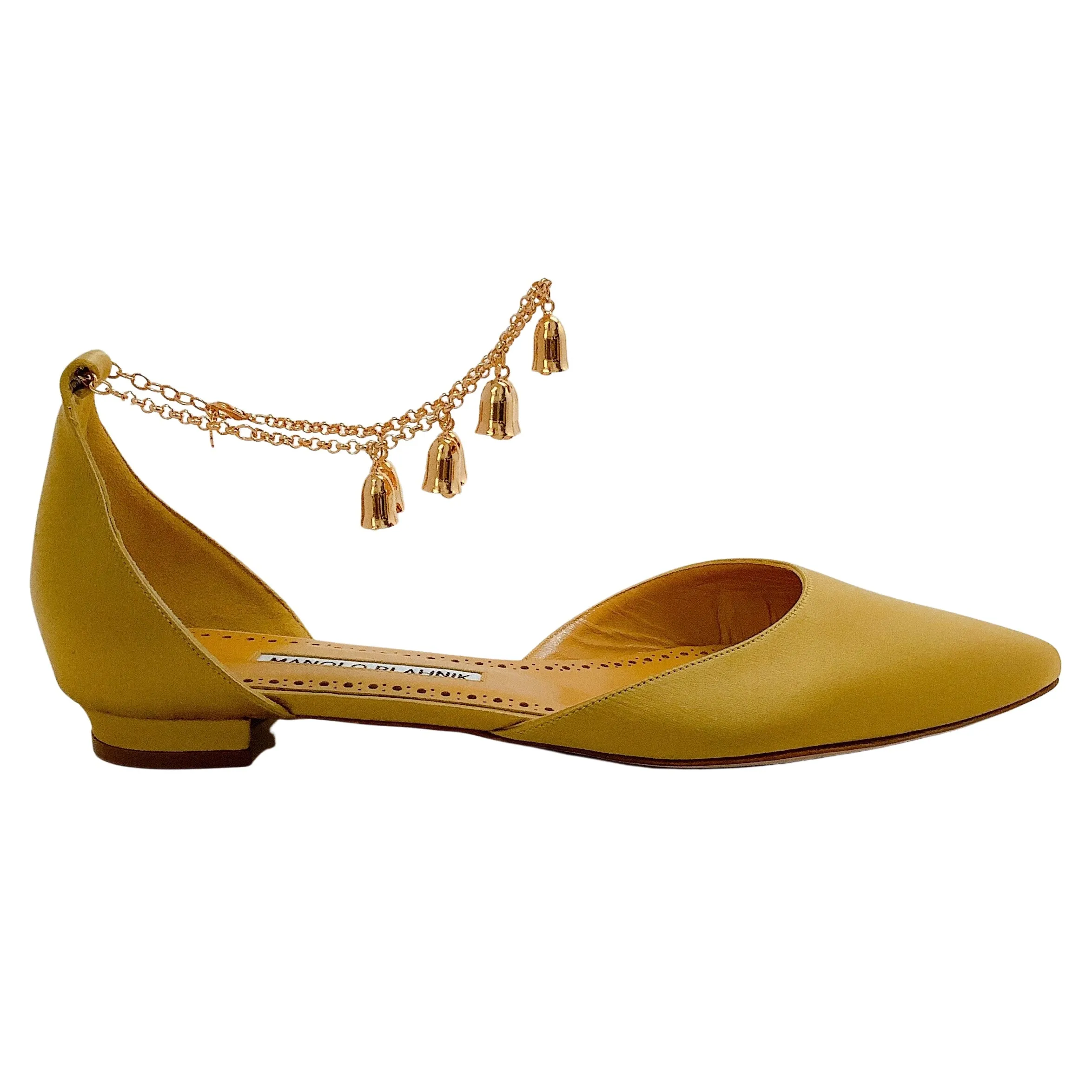 Manolo Blahnik Gold Satin Campanilla Flats