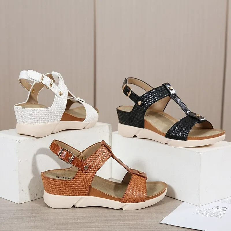 OCW Women Casual Vacation Comfy Design T-Strap Wedges Buckle Non-slip Sandals