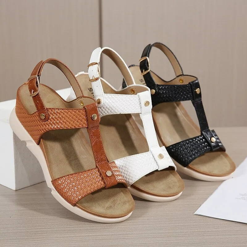 OCW Women Casual Vacation Comfy Design T-Strap Wedges Buckle Non-slip Sandals