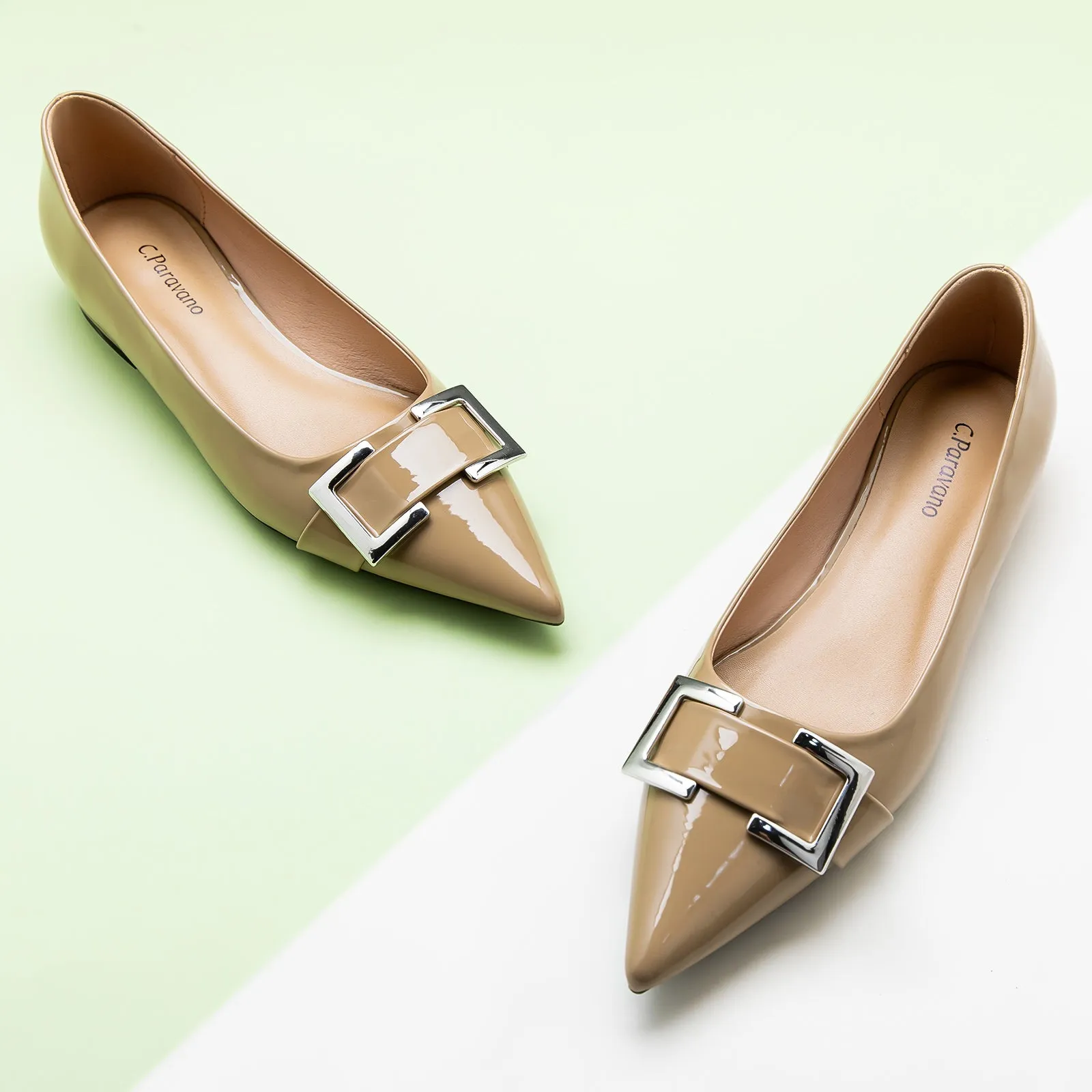 Patent Metal Tie Flats (Aida) Beige