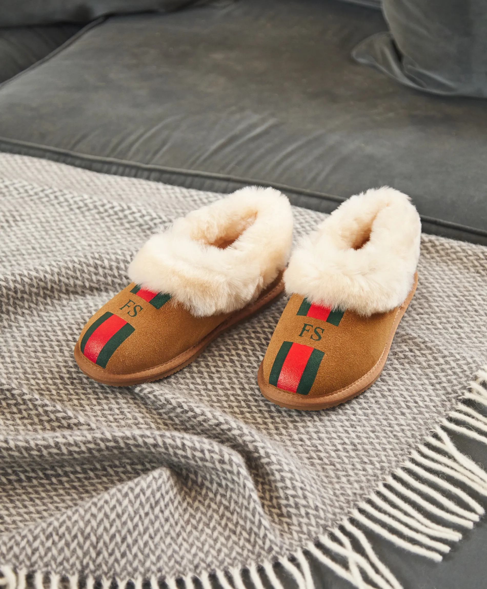 Personalised Womens Stripe Snug Sheepskin Slippers