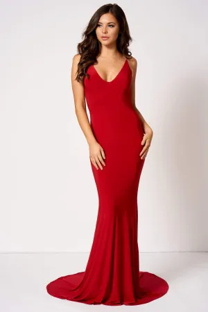 Red Backless Knot Detail Fishtail Maxi Dress