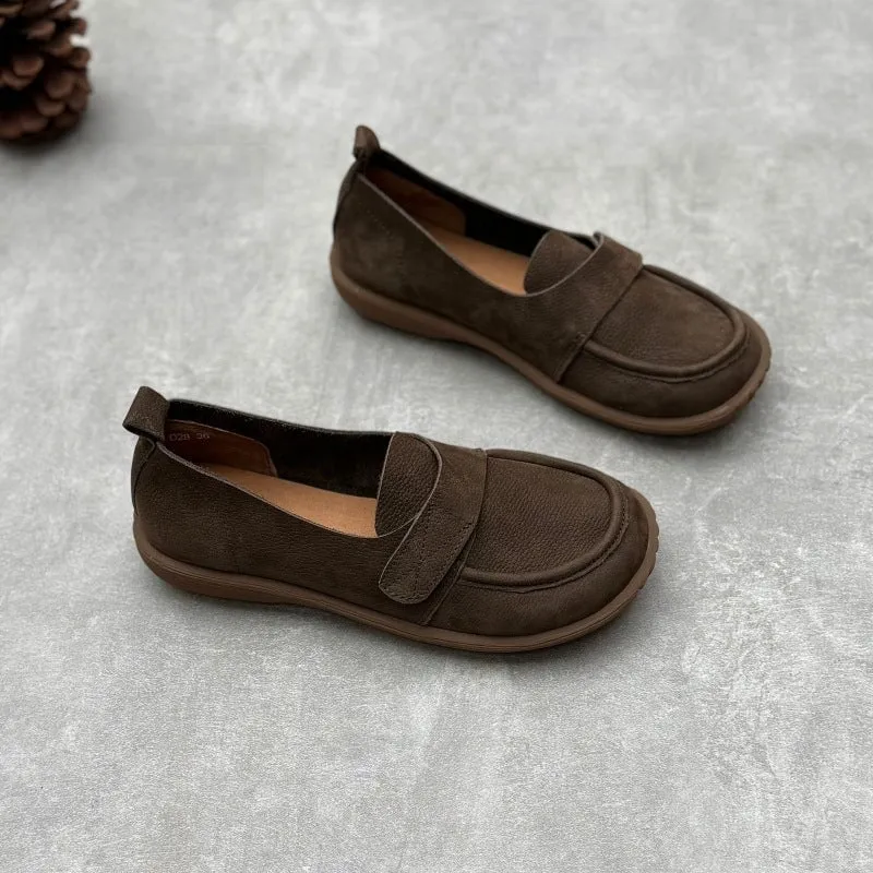 Retro Soft Leather Round Toe Slip on Loafers Touch-strap In Brown/Grey