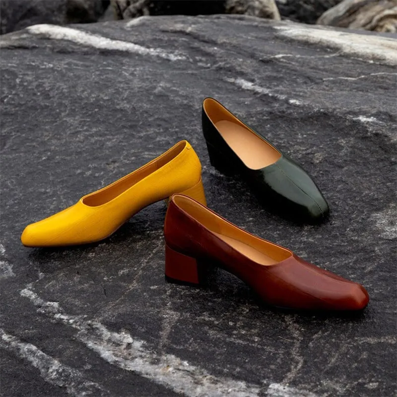 Retro Square Toe Leather Pumps Women Shoes Block Heels Slip On Office Shoes in Yellow/Green/Red