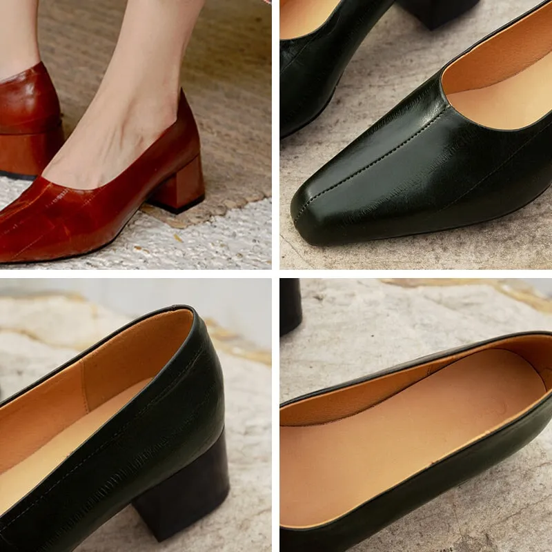 Retro Square Toe Leather Pumps Women Shoes Block Heels Slip On Office Shoes in Yellow/Green/Red